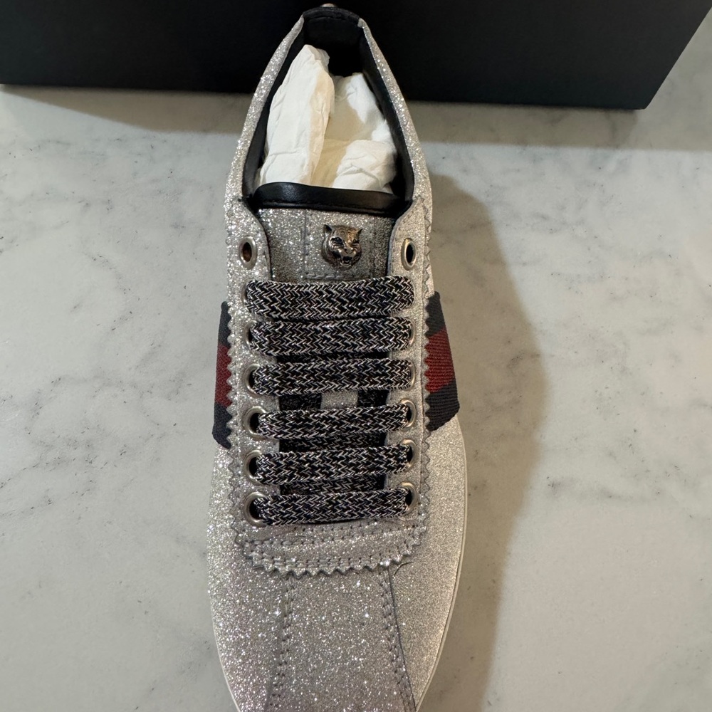 Gucci Silver Sneakers with Red and Black Accents
